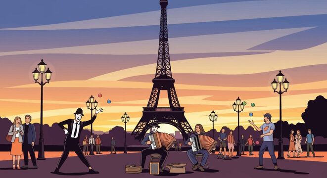 Eiffel Tower Paris street performers at sunset illustration