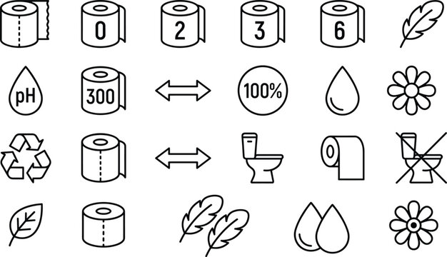 Toilet paper and bathroom hygiene outline icon set vector illustration featuring tissue rolls, softness feather, recycling symbol, ph balance, and do not flush signs