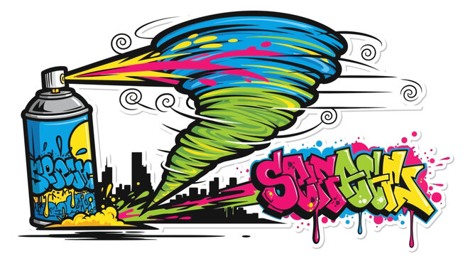 Graffiti spray can with colorful tornado.