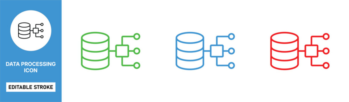 data processing icon line style database system analytics editable stroke vector set