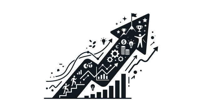 Conceptual illustration depicting the journey of business growth and success, showcasing strategic progress, achievement of goals, and continuous development towards prosperity