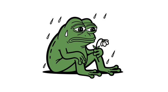 Sad green frog sitting alone sweating.