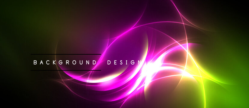 Abstract vibrant design. Bright neon curves blend into green, purple, yellow gradients. Dark background emphasizes luminosity.