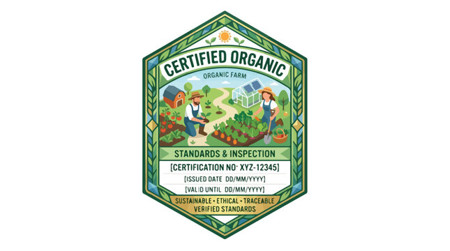 Certified organic farm badge illustration featuring agriculture workers in a field with greenhouse and barn for sustainable ethical and traceable food production standards