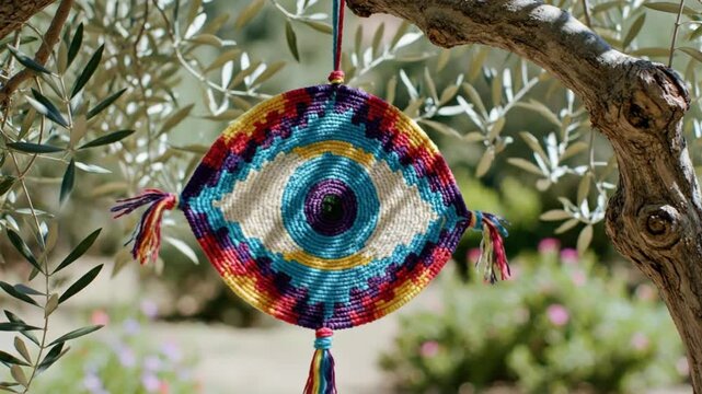 Colorful woven ojo de dios hanging from tree branch in natural setting