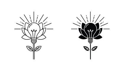 Lightbulb flower in outline and silhouette vector graphics representing creativity innovation and organic ideas © Dhaka