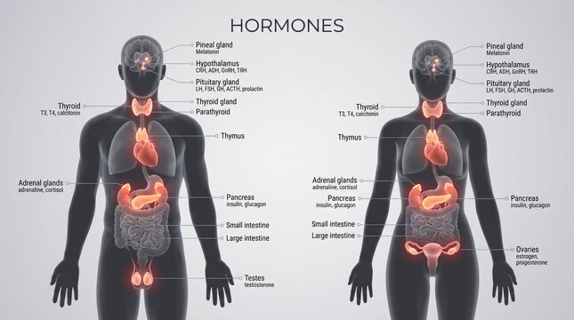 Human endocrine system chart showing glands and hormones