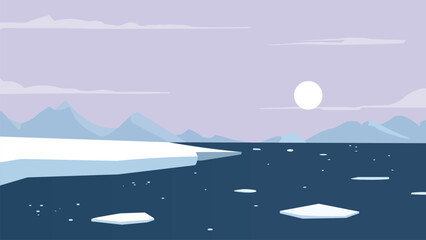 Cartoon-style Arctic scene with floating icebergs and a frozen, icy-blue ocean, illustrated in a clean vector art style. © Tanjida