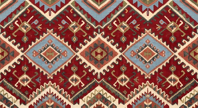 Traditional Turkish Kilim Rug Texture with Geometric Pattern Red Blue Cream Background Graphic Resource