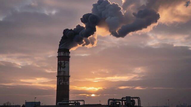 Factory chimney emitting thick smoke into dusky sky blending pollution with beautiful sunset colors