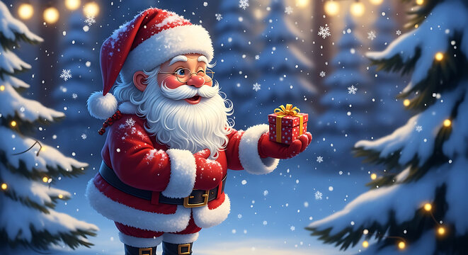 Santa claus holding a gift festive winter scene with snow and christmas trees