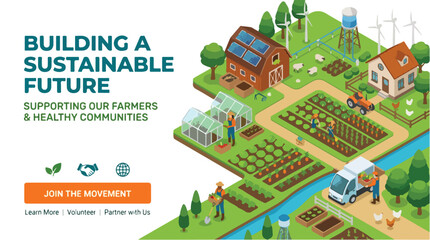 Fototapeta premium Sustainable Agriculture Concept with Isometric Farm Illustration Featuring Solar Panels Wind Turbines Greenhouses and Workers Harvesting Organic Vegetables for Healthy Communities