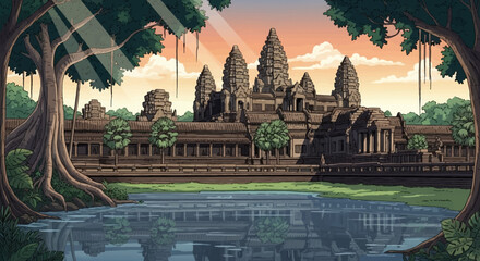 Angkor Wat temple complex at sunset with reflection in water © Nadeesha