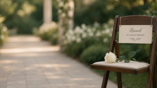 Empty wooden folding chair with reserved memorial sign and rose.