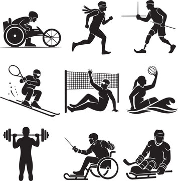 Para sports athlete silhouettes set, disabled people competing in adaptive athletic events, black vector icons of paralympic sports and inclusive fitness
