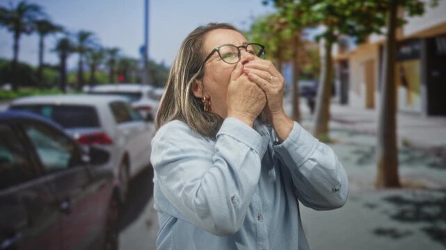 Senior woman with glasses and hands over mouth on an urban street beside parked cars and palm trees; grief shock.