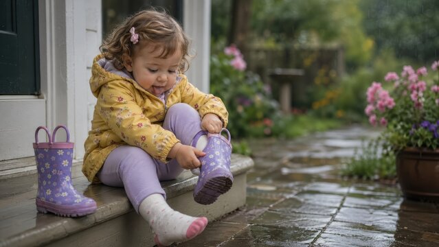 Cute toddler girl putting on purple rain boots outside house.
