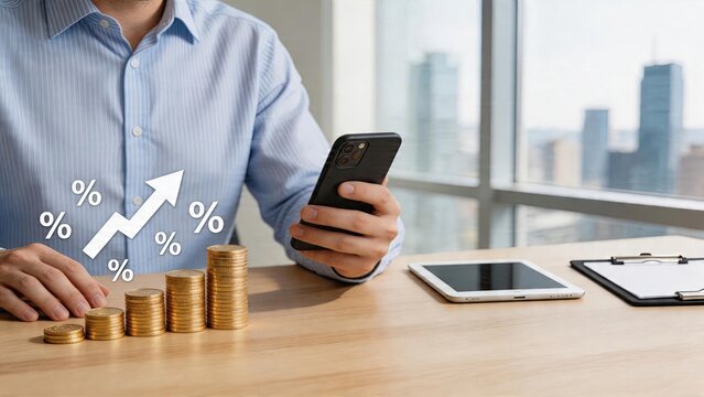 Businessman holding mobile phone stack of gold coins rising percentage sign growth chart digital finance success investment profit graph office workspace desk with tablet device