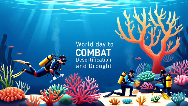Colorful underwater illustration with scuba divers exploring coral reefs on world day to combat desertification and drought