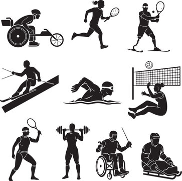 Para sports athlete silhouette collection, disabled people competing in professional athletic events, 10 black vector icons of inclusive sports