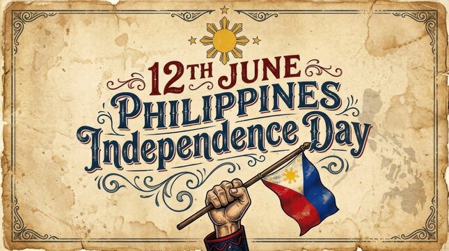 vintage philippines independence day poster with raised flag and ornate frame celebrating june 12 national holiday