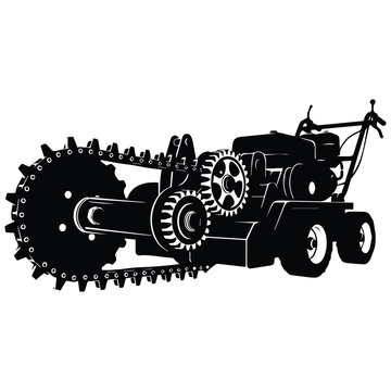 Industrial walk-behind trencher machine silhouette icon for pipe laying