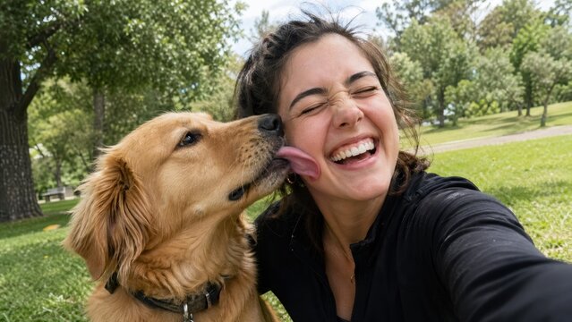 Golden retriever dog licking happy laughing woman face in park.