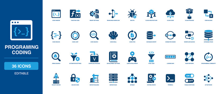 Extensive Programming Coding Solid Icon Set covering window function binary branching bug fix cloud architecture package blocks braces loop shell sync database connected nodes workflow