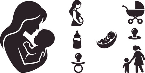 Obraz premium Pregnancy and Motherhood Silhouette Icon Set with Newborn Baby, Pregnant Woman, and Infant Care Symbols for Maternity, Parenting, and Childcare Graphic Design