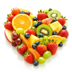 Obraz premium Assorted Fresh Fruit Heart Shape Flat Lay on White Background