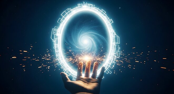 Mystical portal activation a hand conjures a glowing swirling gateway to another dimension