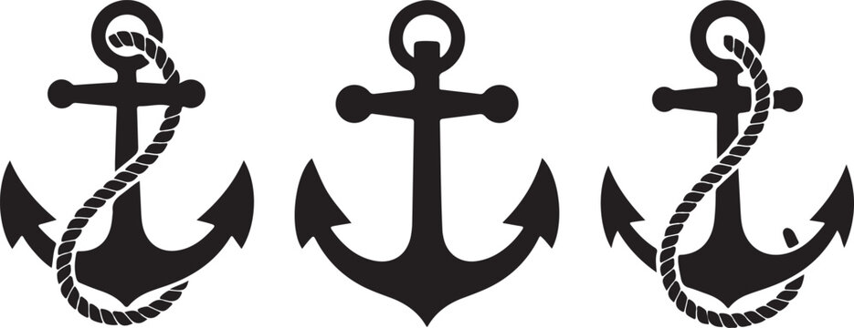 Three nautical anchors in black and white vector style