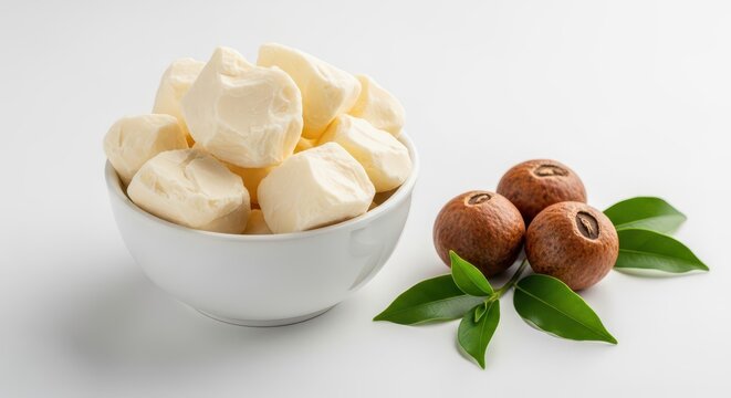 Shea butter chunks sit in a small white bowl next to three raw shea nuts and fresh green leaves.
