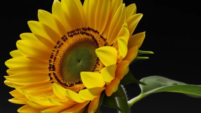 Time lapse of yellow sunflower blooming and rotating on dark black background
