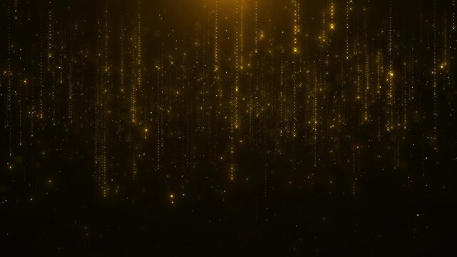 Golden glitter rain luxury background falling spark lines, glowing particles, elegant space. wedding videos, award intros, festive titles, event promos, celebration screens, premium motion overlays.
