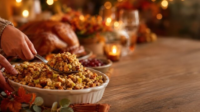 Hands serving homemade stuffing from ceramic dish at thanksgiving table.