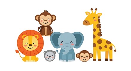 Fototapeta premium A colorful illustration of a lion, monkey, elephant, giraffe, and two small animals standing together.