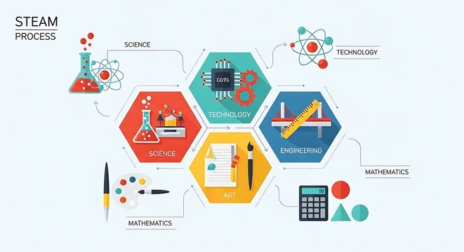 STEAM process infographic shows science, technology, engineering, arts, and mathematics in colorful hexagons