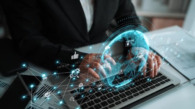 Global AI-powered digital network ecosystem connecting data, finance, analytics, ecommerce, communication, and automation across continents through technology and cloud Marrow