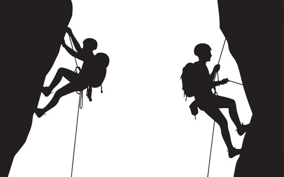 Two climbers ascending a rock wall with ropes