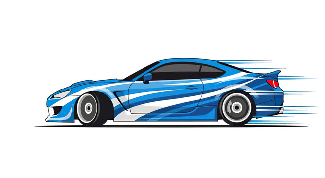 Side View of a Blue Sports Car Illustration with Racing Decals and Speed Motion Lines Isolated on White