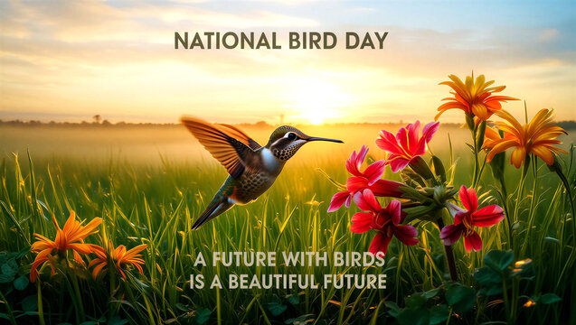 Vibrant hummingbird hovering near colorful flowers at sunrise for national bird day celebration