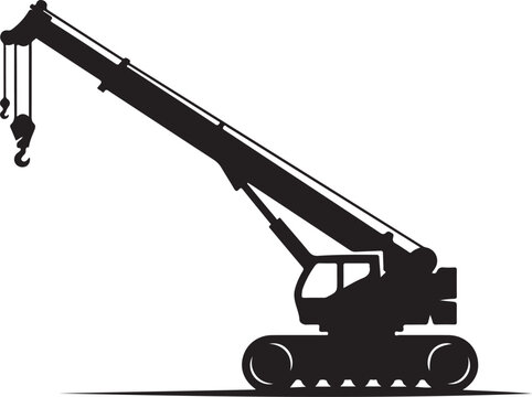 Black silhouette construction crane, heavy machinery icon, industrial equipment vector, crane machine