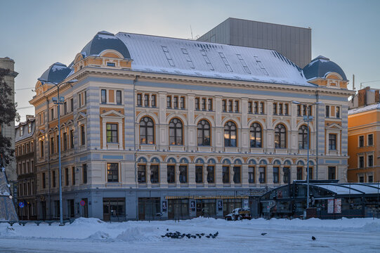 February 7, 2022, Riga, Latvia Mikhail Chekhov Riga Russian Theatre Historic Building on Kalku Street, Latvia