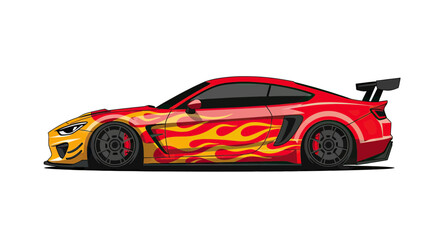 Fototapeta premium Modern Red Sports Car Vector Illustration with Flame Decal Design Isolated on White Background