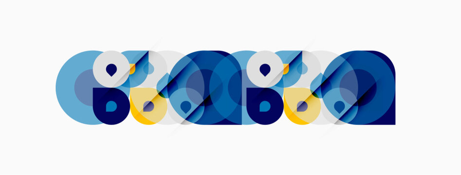 Abstract geometric shapes, circles, overlapping layers. Blue, yellow hues create modern design. Minimalist aesthetic, clean lines present.