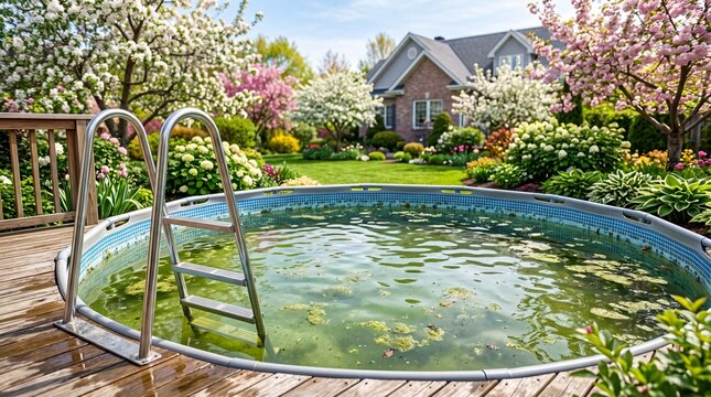 Dirty above ground swimming pool filled with green algae and debris next to a wooden deck. Beautiful spring backyard garden with blooming trees in the background. Concept of pool cleaning and maintena