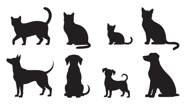 A collection of various cat and dog silhouettes in sitting, walking, and standing poses 