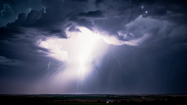 Powerful lightning storm illuminating dark ominous sky over vast natural landscape at night