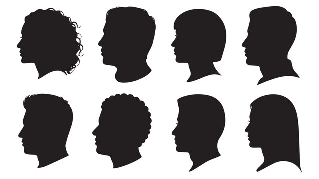 Diverse side-view silhouettes of male and female heads with different hair textures for beauty and identity 